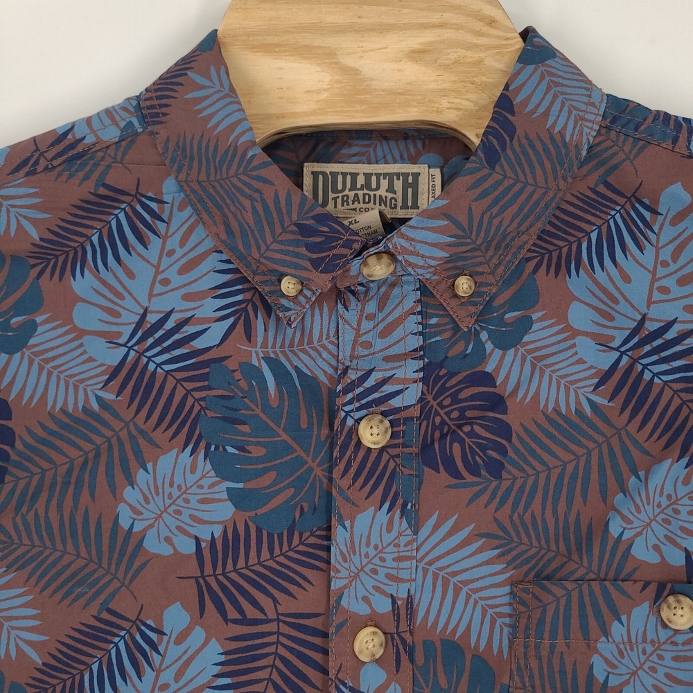 Duluth Trading Shirt Mens Extra Large Blue Copper Leaf Long Sleeve Button